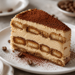 Tranche de tiramisu glacé au café présentant des couches de glace crémeuse et de biscuits à la cuillère imbibés d’expresso, saupoudrée de cacao amer.