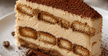 Tranche de tiramisu glacé au café présentant des couches de glace crémeuse et de biscuits à la cuillère imbibés d’expresso, saupoudrée de cacao amer.