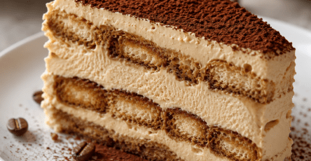 Tranche de tiramisu glacé au café présentant des couches de glace crémeuse et de biscuits à la cuillère imbibés d’expresso, saupoudrée de cacao amer.