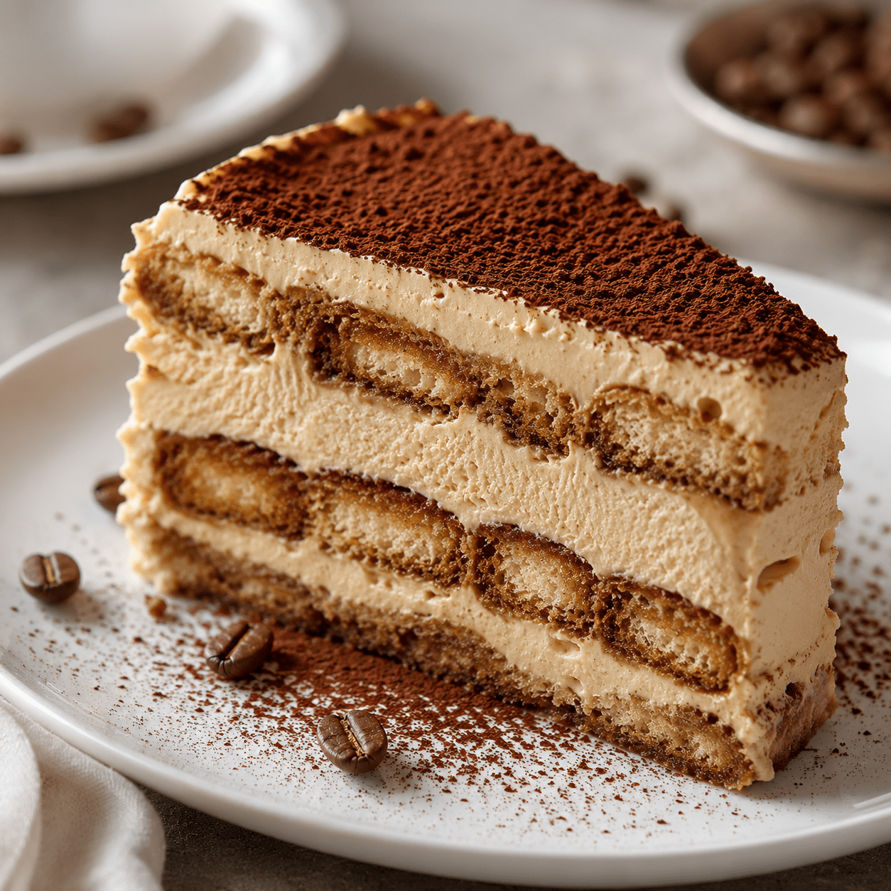 Tranche de tiramisu glacé au café présentant des couches de glace crémeuse et de biscuits à la cuillère imbibés d’expresso, saupoudrée de cacao amer.