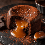 Fondant individuel au chocolat noir ouvert à la cuillère, révélant un cœur de caramel au beurre salé chaud et coulant.