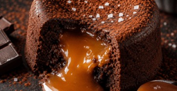 Fondant individuel au chocolat noir ouvert à la cuillère, révélant un cœur de caramel au beurre salé chaud et coulant.