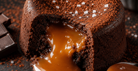 Fondant individuel au chocolat noir ouvert à la cuillère, révélant un cœur de caramel au beurre salé chaud et coulant.
