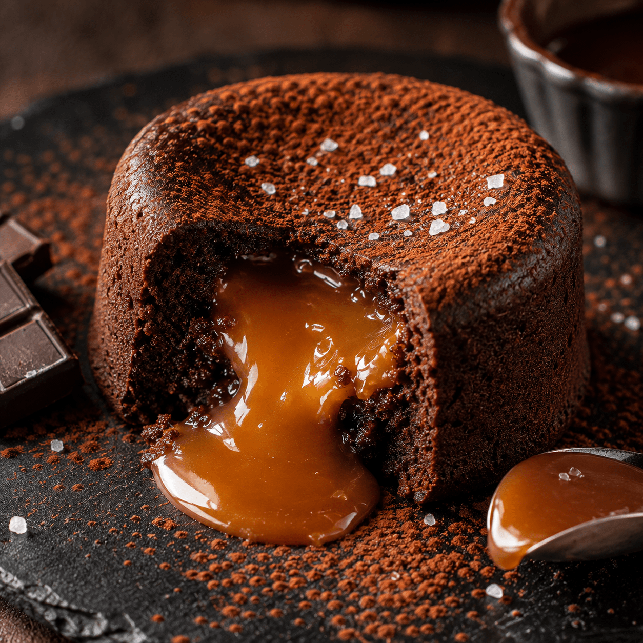 Fondant individuel au chocolat noir ouvert à la cuillère, révélant un cœur de caramel au beurre salé chaud et coulant.