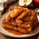 Épaisse tranche de brioche perdue dorée, garnie de pommes fondantes caramélisées façon tarte Tatin et nappée de caramel au beurre salé.