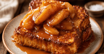 Épaisse tranche de brioche perdue dorée, garnie de pommes fondantes caramélisées façon tarte Tatin et nappée de caramel au beurre salé.