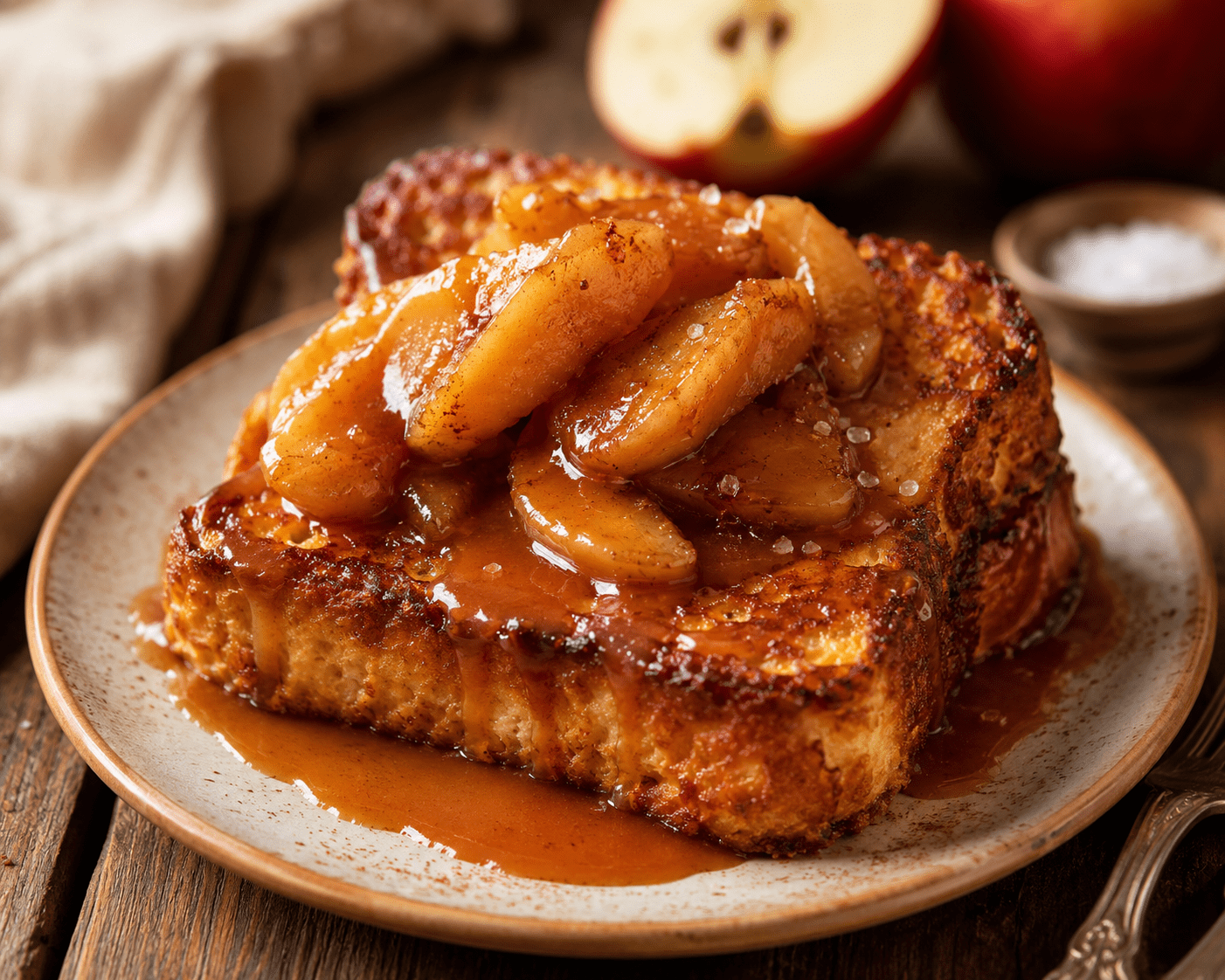 Épaisse tranche de brioche perdue dorée, garnie de pommes fondantes caramélisées façon tarte Tatin et nappée de caramel au beurre salé.