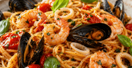 Assiette de spaghetti aux fruits de mer avec crevettes, moules, calamars, tomates cerises rôties et feuilles de basilic frais.