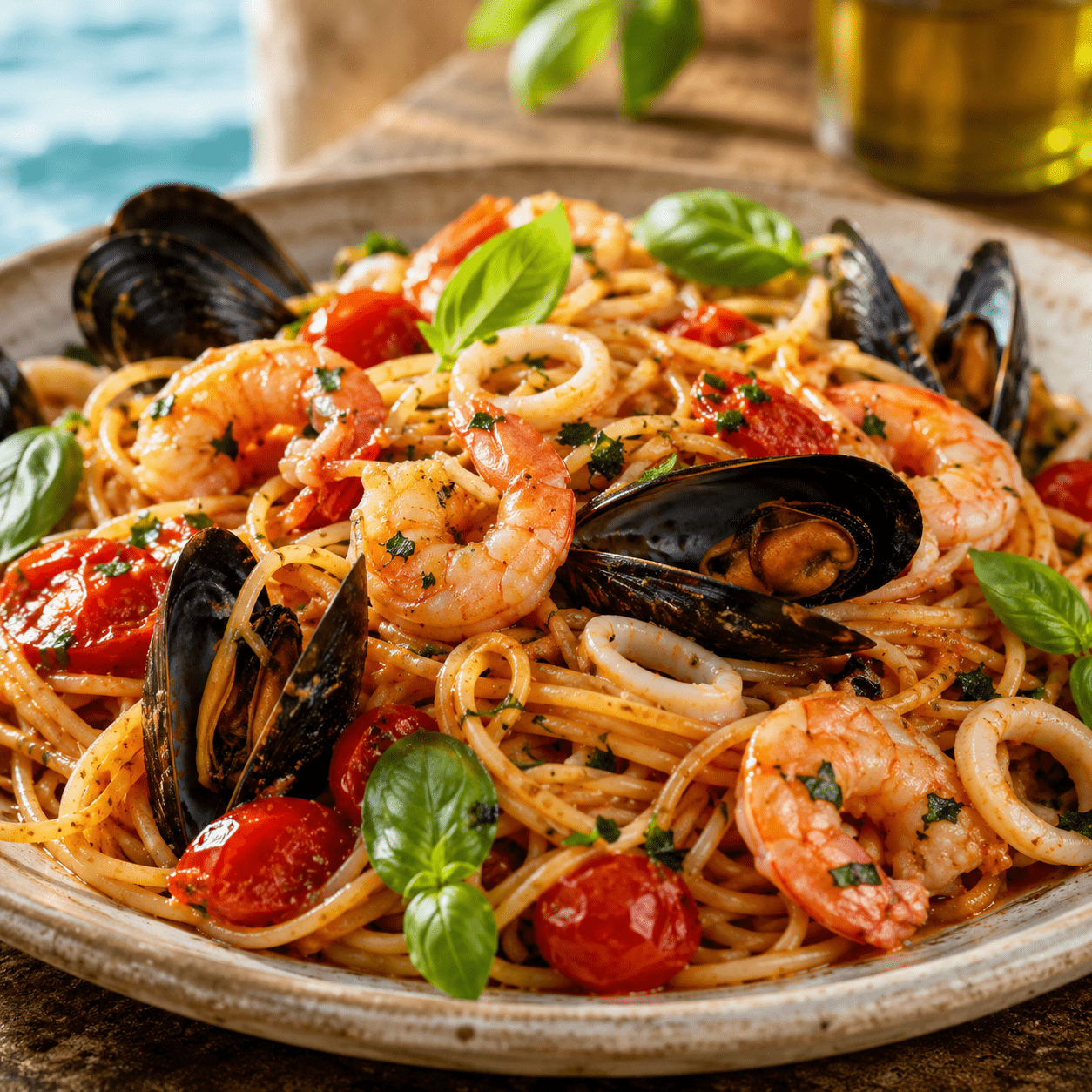 Assiette de spaghetti aux fruits de mer avec crevettes, moules, calamars, tomates cerises rôties et feuilles de basilic frais.