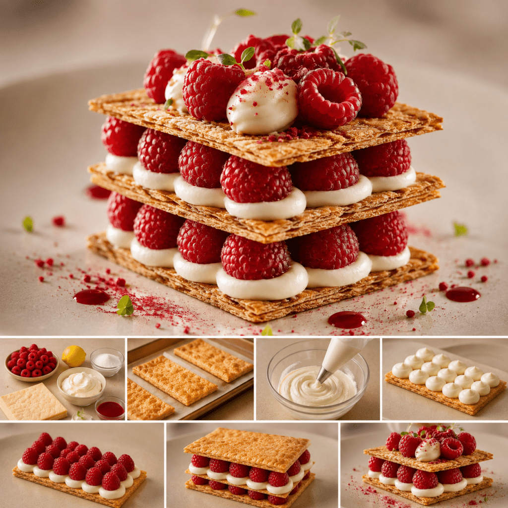 Mille-feuille minute composé de biscuits sablés rectangulaires, de crème mascarpone pochée et de framboises fraîches, décoré de sucre glace.