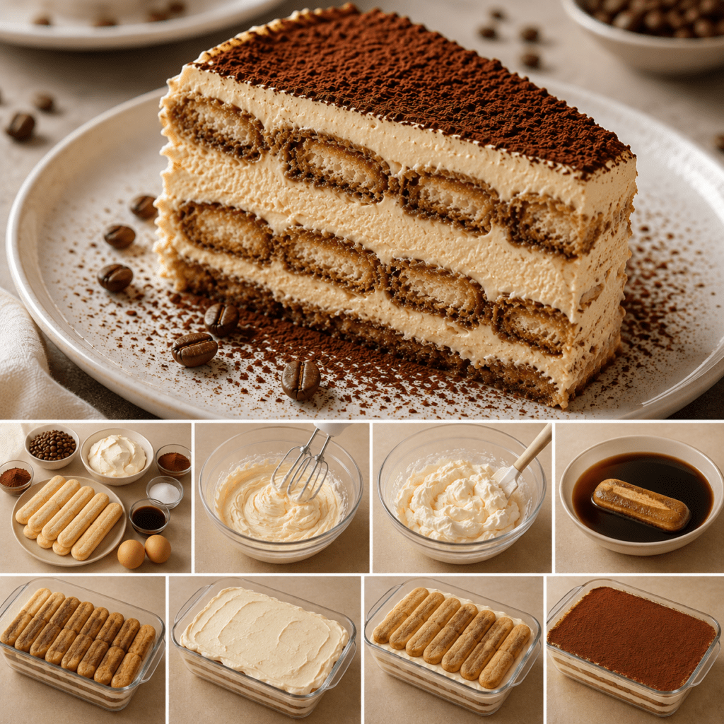 Tranche de tiramisu glacé au café présentant des couches de glace crémeuse et de biscuits à la cuillère imbibés d’expresso, saupoudrée de cacao amer.