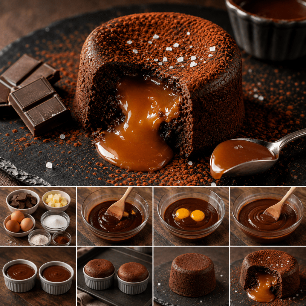 Fondant individuel au chocolat noir ouvert à la cuillère, révélant un cœur de caramel au beurre salé chaud et coulant.