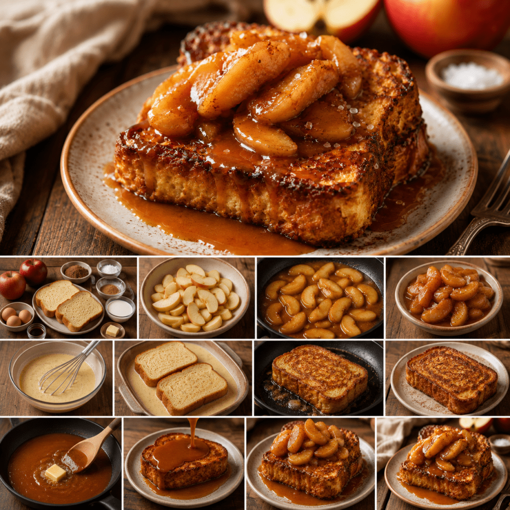 Épaisse tranche de brioche perdue dorée, garnie de pommes fondantes caramélisées façon tarte Tatin et nappée de caramel au beurre salé.