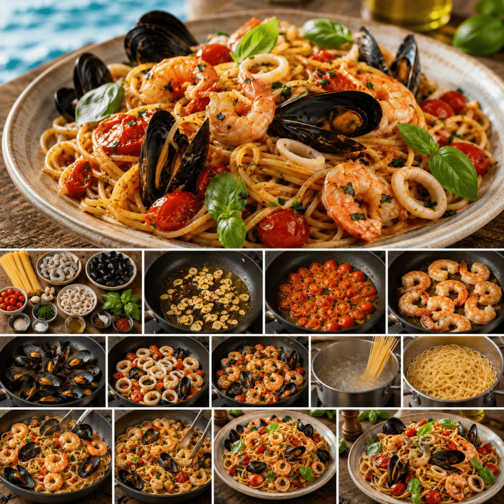 Assiette de spaghetti aux fruits de mer avec crevettes, moules, calamars, tomates cerises rôties et feuilles de basilic frais.