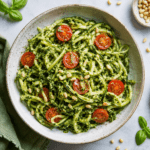 Spaghetti de courgette crue enrobés de pesto vert maison, garnis de tomates cerises colorées, de pignons grillés, de parmesan et de basilic frais.
