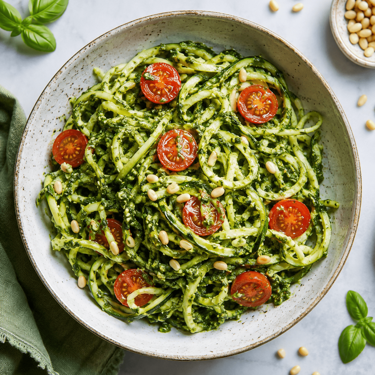 Spaghetti de courgette crue enrobés de pesto vert maison, garnis de tomates cerises colorées, de pignons grillés, de parmesan et de basilic frais.