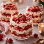 Verrines façon tiramisu composées de couches de biscuits à la cuillère, de crème mascarpone blanche et de fruits rouges frais, décorées de framboises et de menthe.