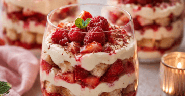 Verrines façon tiramisu composées de couches de biscuits à la cuillère, de crème mascarpone blanche et de fruits rouges frais, décorées de framboises et de menthe.