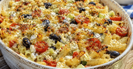 Gratin froid de pâtes courtes à la grecque garni de feta légèrement dorée, tomates cerises, olives noires, concombre frais et herbes méditerranéennes.