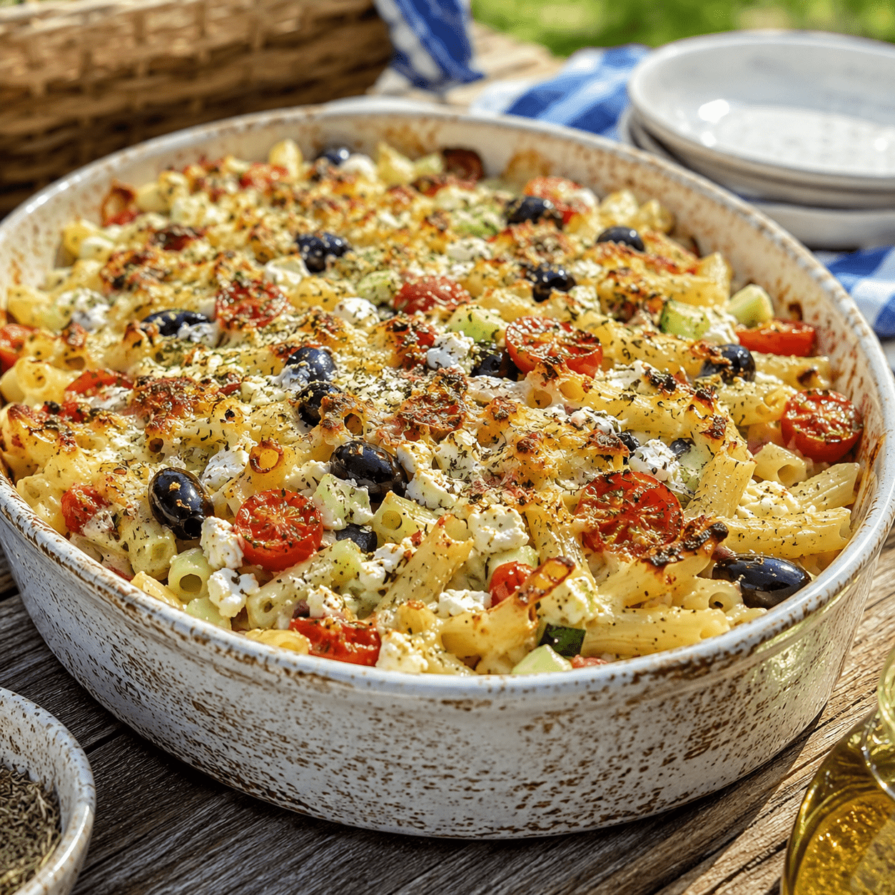 Gratin froid de pâtes courtes à la grecque garni de feta légèrement dorée, tomates cerises, olives noires, concombre frais et herbes méditerranéennes.