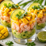 Verrines apéritives composées de couches colorées d’avocat vert, de mangue jaune et de crevettes roses, garnies de coriandre et de citron vert.
