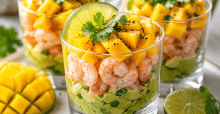 Verrines apéritives composées de couches colorées d’avocat vert, de mangue jaune et de crevettes roses, garnies de coriandre et de citron vert.