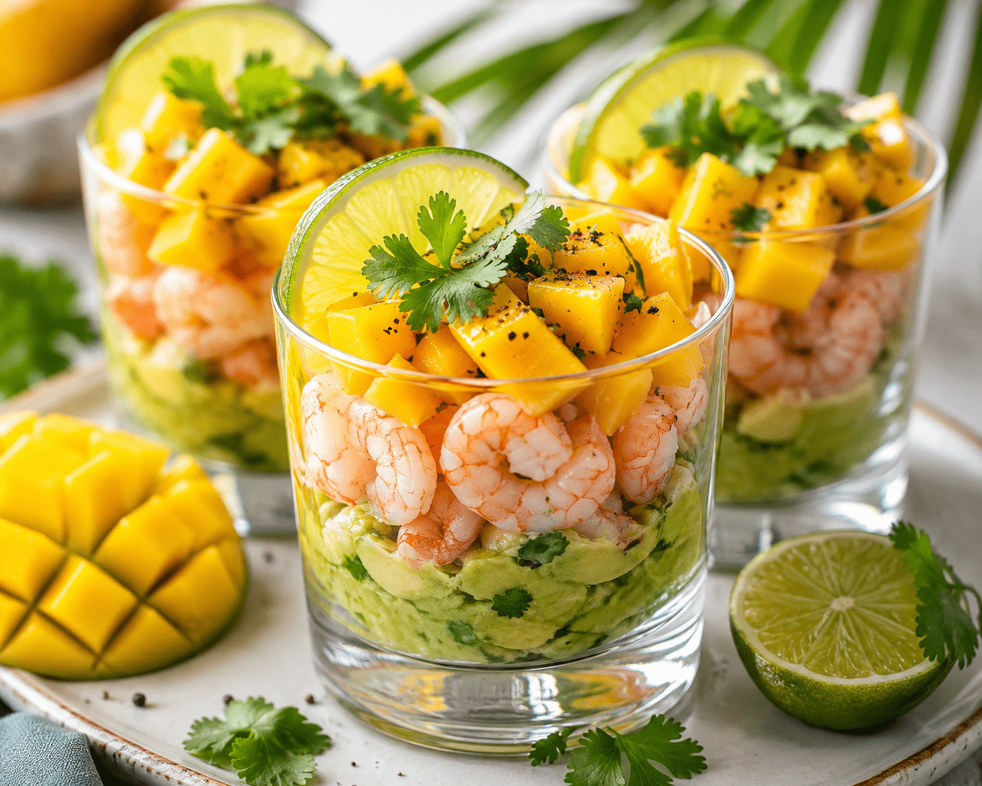 Verrines apéritives composées de couches colorées d’avocat vert, de mangue jaune et de crevettes roses, garnies de coriandre et de citron vert.
