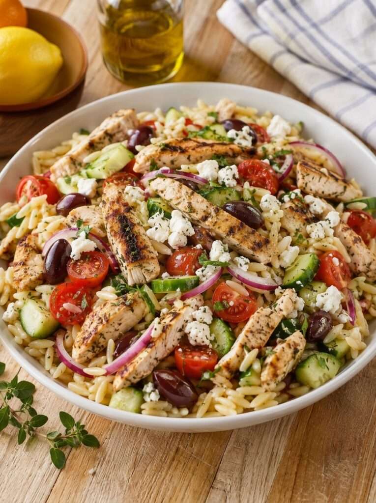 Salade d’orzo au poulet à la grecque présenté dans une vaisselle claire, avec les ingrédients principaux visibles et une lumière naturelle chaude