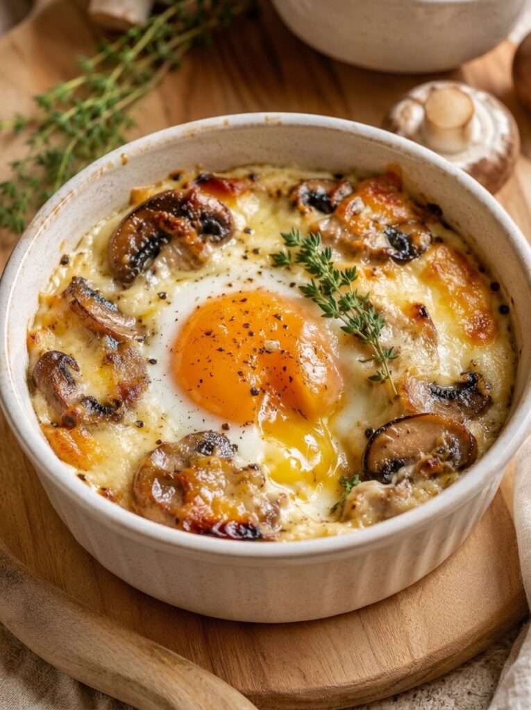 Des œufs cuits doucement sur des champignons dorés, une crème légère et du comté fondant, avec un jaune encore coulant.