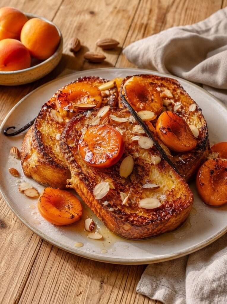Une brioche dorée et moelleuse, accompagnée d’abricots caramélisés, d’amandes grillées et d’une touche de vanille.