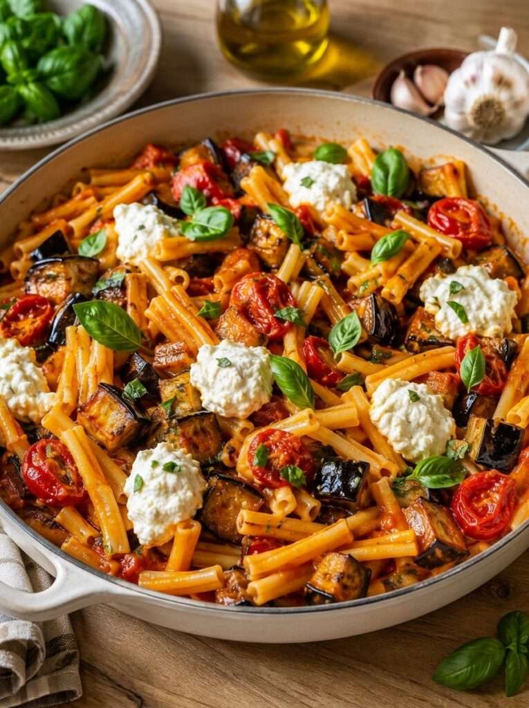 One-pot pasta. Des pâtes cuites dans une seule sauteuse avec aubergine fondante, tomates, ail, basilic et ricotta crémeuse.