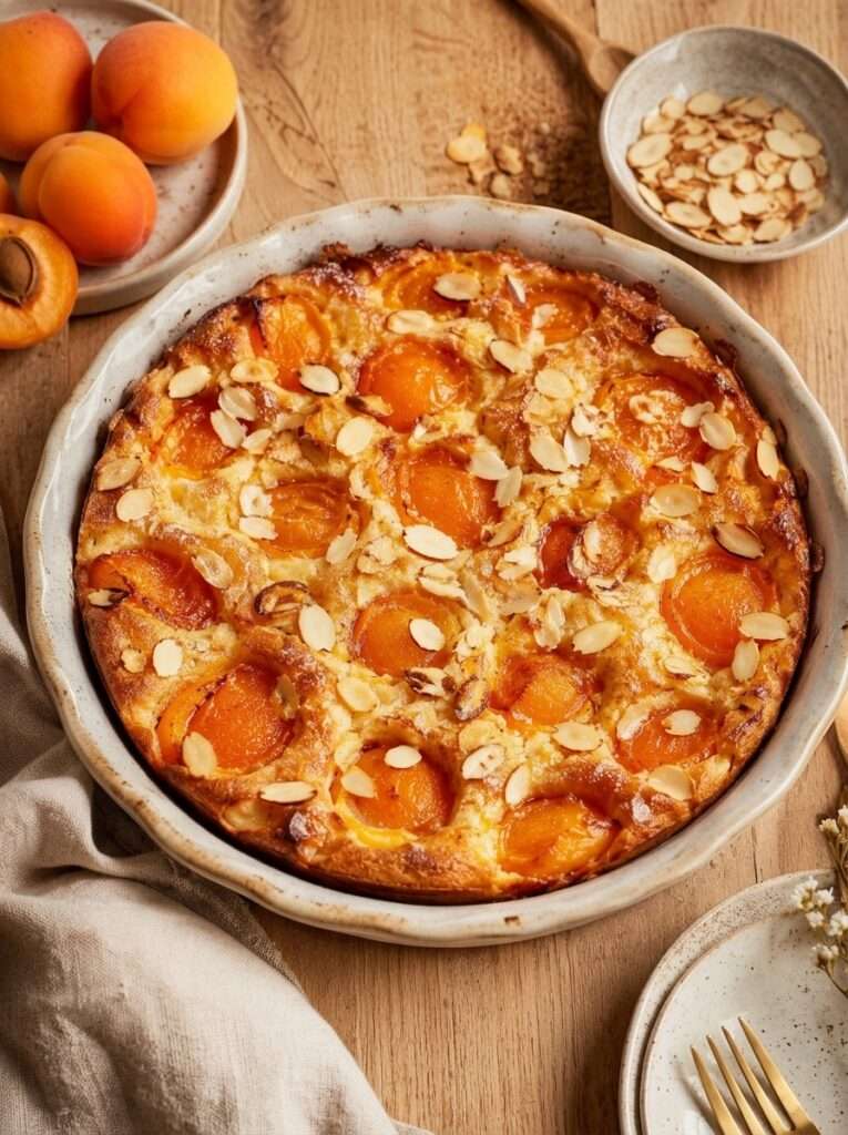 Un clafoutis moelleux aux abricots légèrement acidulés, parfumé à la vanille et couvert d’amandes dorées.