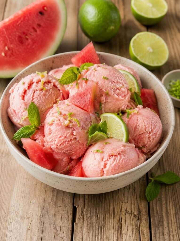 Une glace fraîche et légère à la pastèque, au yaourt et au citron vert, préparée sans sorbetière.