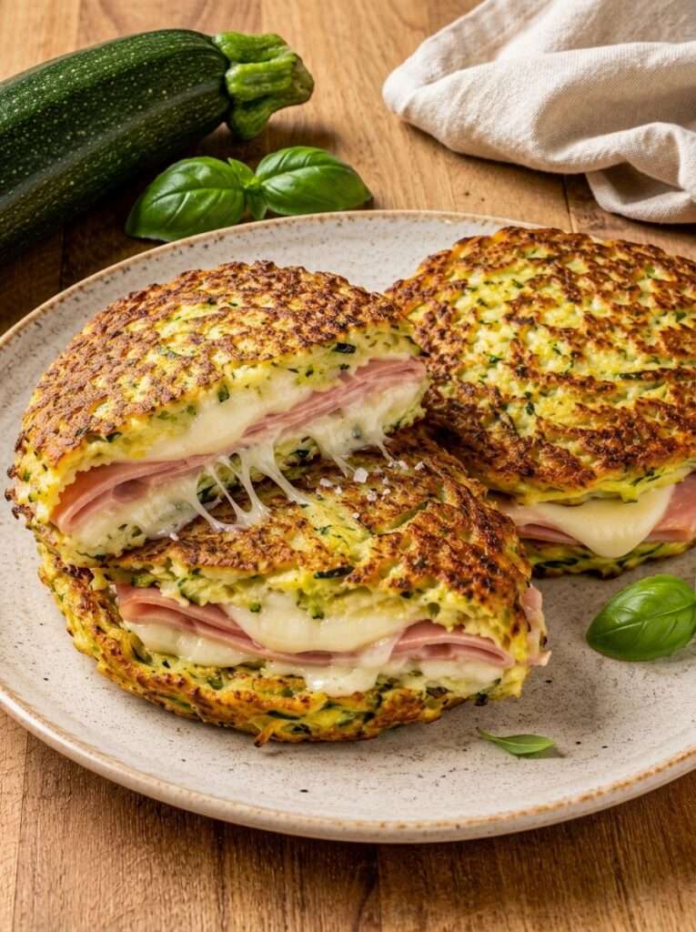 Des galettes croque-courgette de courgette dorées utilisées comme un croque, garnies de jambon et de mozzarella fondante.