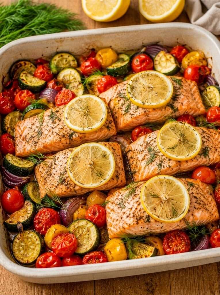 Des pavés de saumon moelleux cuits avec courgette, tomates cerises, citron et aneth dans un même plat.