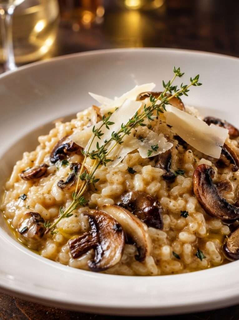 Risotto crémeux aux champignons servi dans une assiette creuse, garni de champignons dorés, de parmesan râpé, de persil frais et de quelques gouttes d’huile de truffe.