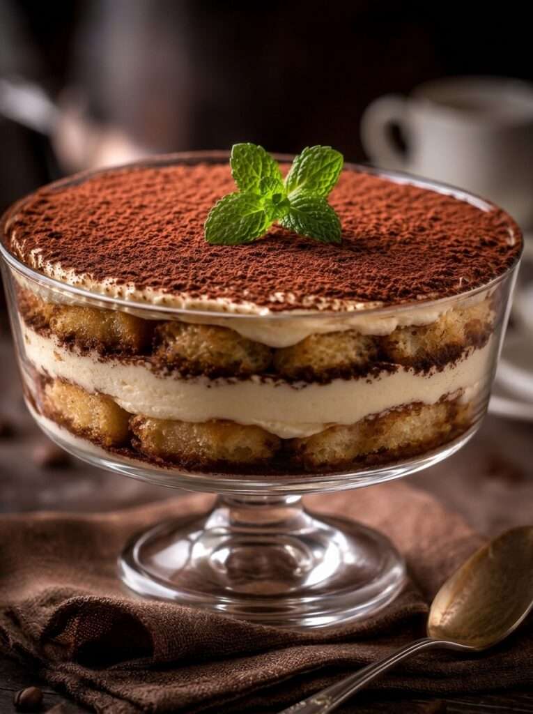 Tiramisu sans œuf cru servi dans un plat rectangulaire, composé de biscuits imbibés de café, de couches épaisses de crème au mascarpone et d’un voile de cacao noir.