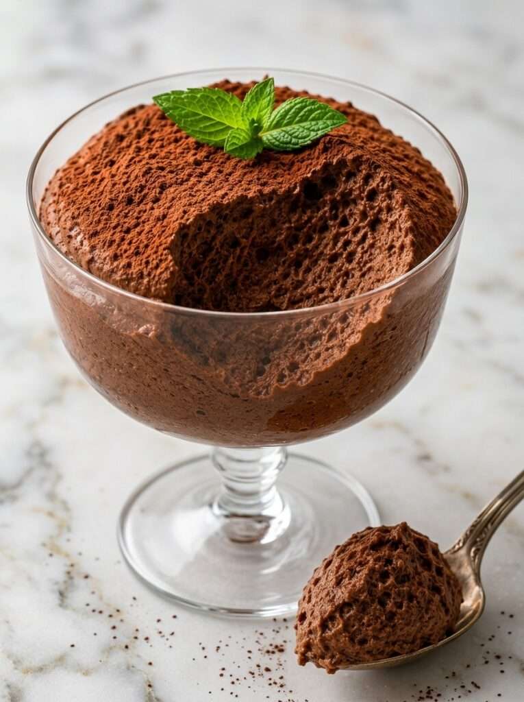 Mousse au chocolat aérienne servie dans des verrines en verre, avec une texture légère et mousseuse, des copeaux de chocolat noir et une fine couche de cacao.