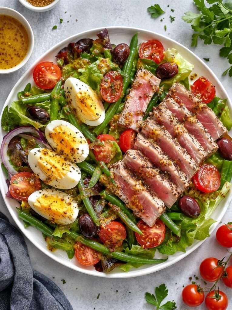 Salade niçoise moderne composée de tranches de thon grillé rosé, d’œufs durs, de tomates fraîches, de haricots verts croquants et d’olives noires, servie dans une grande assiette avec une vinaigrette à la moutarde.