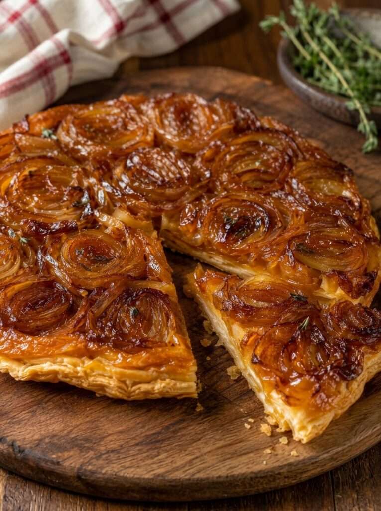Tarte Tatin salée aux oignons caramélisés, retournée sur une assiette, avec une surface brillante et dorée, une pâte feuilletée croustillante et quelques brins de thym frais.