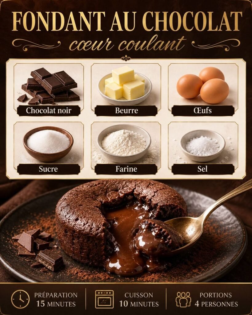 Fondant au chocolat individuel avec fine croûte cuite et cœur de chocolat chaud intensément coulant, servi sur une assiette avec morceaux de chocolat noir.