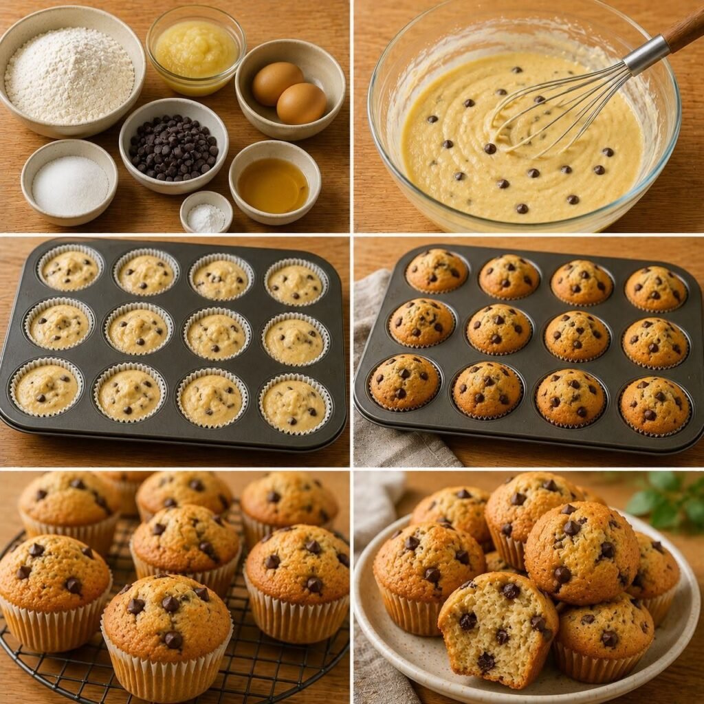 Muffins maison moelleux à la compote et aux pépites de chocolat, bien gonflés et légèrement dorés, présentés pour un goûter de rentrée scolaire.