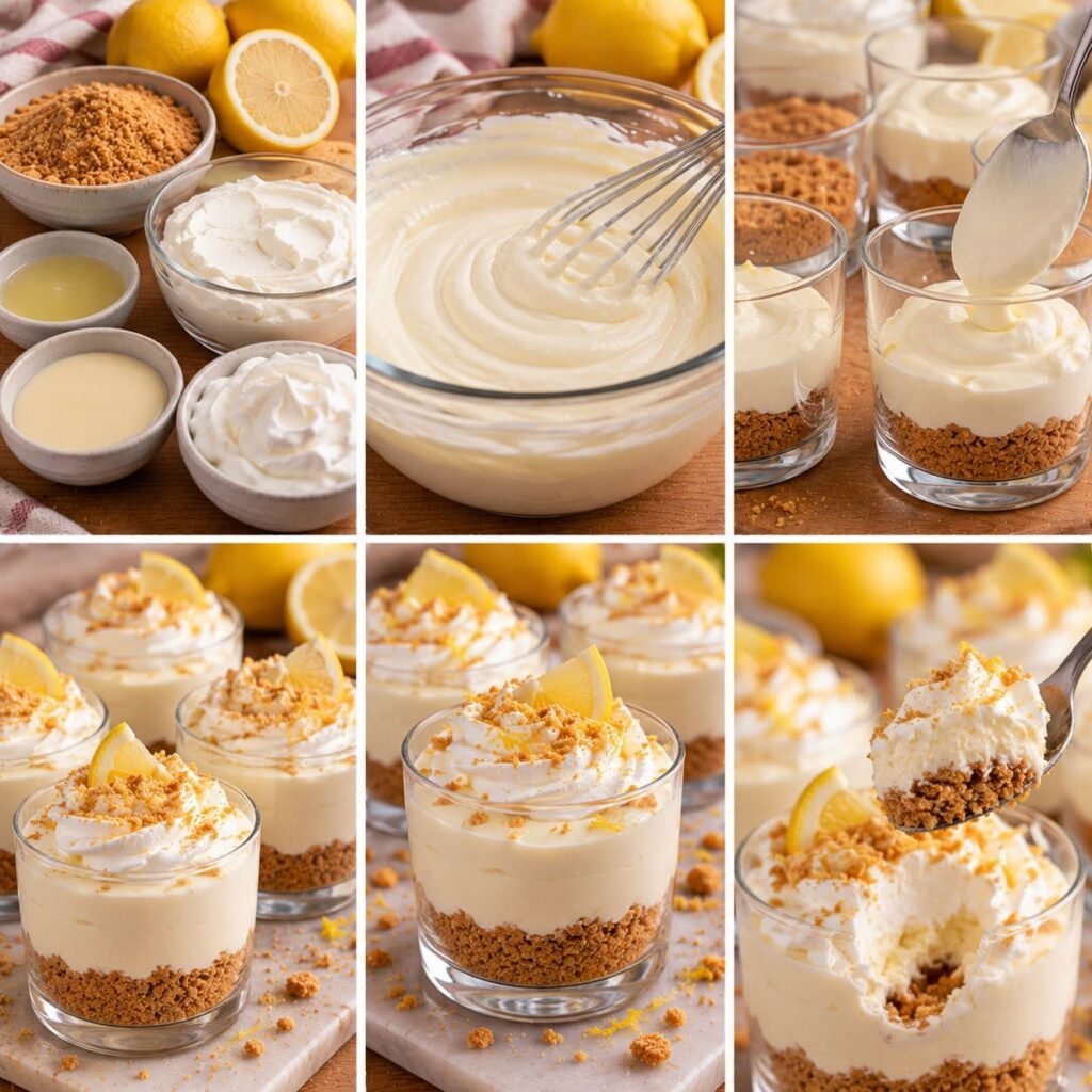 Coupelles individuelles de cheesecake au citron sans cuisson, composées de biscuits écrasés et d’une crème citronnée onctueuse, servies bien fraîches.