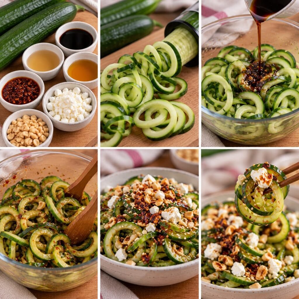 Salade de concombre coupé en spirale, assaisonnée de vinaigre de riz, sauce soja, huile de sésame et huile pimentée, garnie de feta émiettée et de cacahuètes.