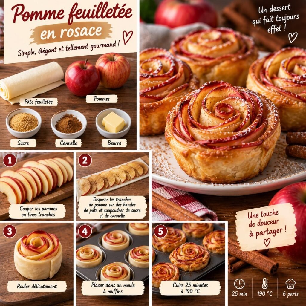Pomme feuilletée en rosace dorée au four, composée de fines tranches de pommes roulées dans une pâte feuilletée croustillante parfumée au sucre et à la cannelle.