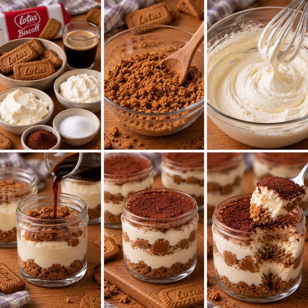 Tiramisu spéculoos servi en pots individuels avec couches de biscuits imbibés de café, crème mascarpone onctueuse et cacao non sucré.