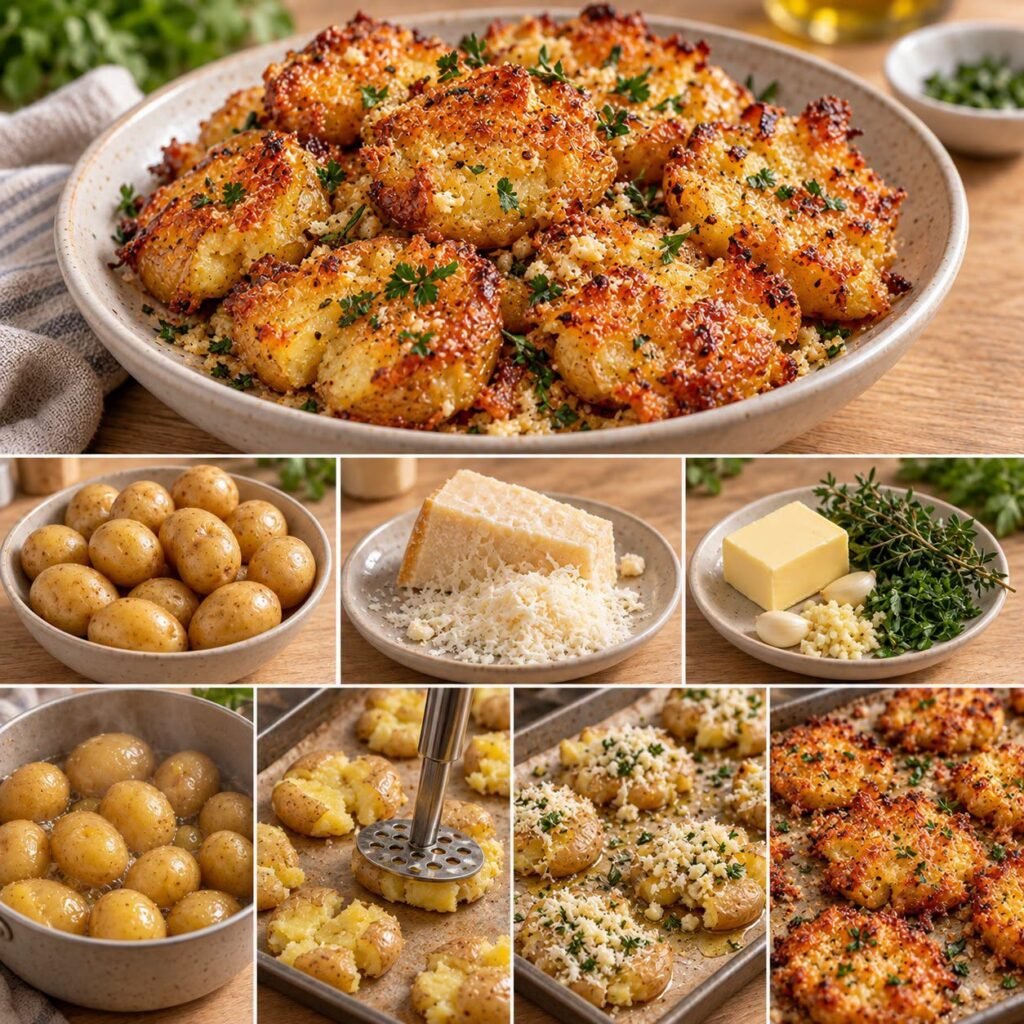 Petites pommes de terre écrasées et croustillantes au four, recouvertes de parmesan doré, de beurre à l’ail et d’herbes aromatiques.