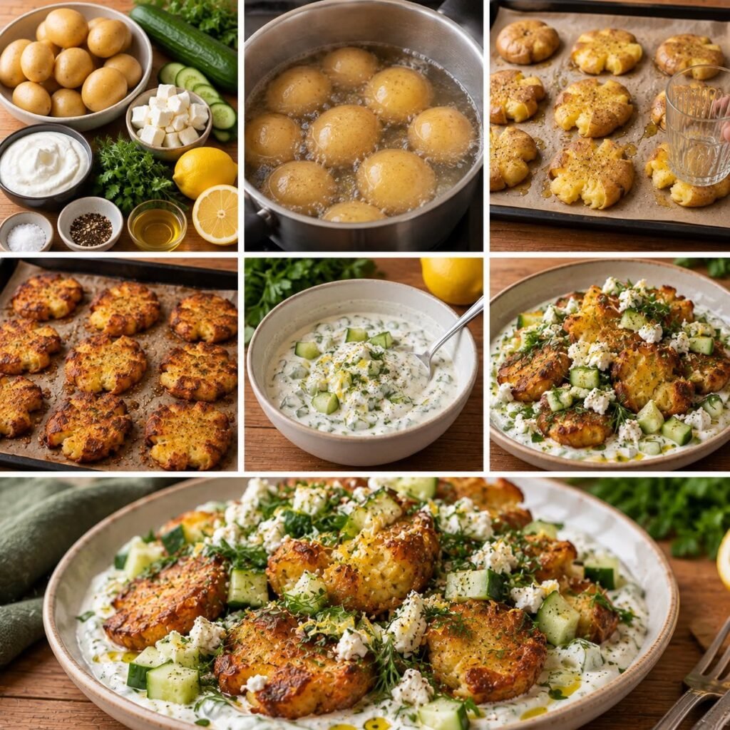 Salade de pommes de terre écrasées croustillantes servie sur une sauce crémeuse au yaourt et citron, garnie de concombre frais, feta émiettée et herbes fraîches.