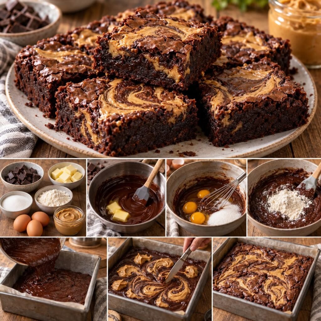 Brownies fondants au chocolat noir avec tourbillons de beurre de cacahuète crémeux sur le dessus, découpés en carrés épais et gourmands.