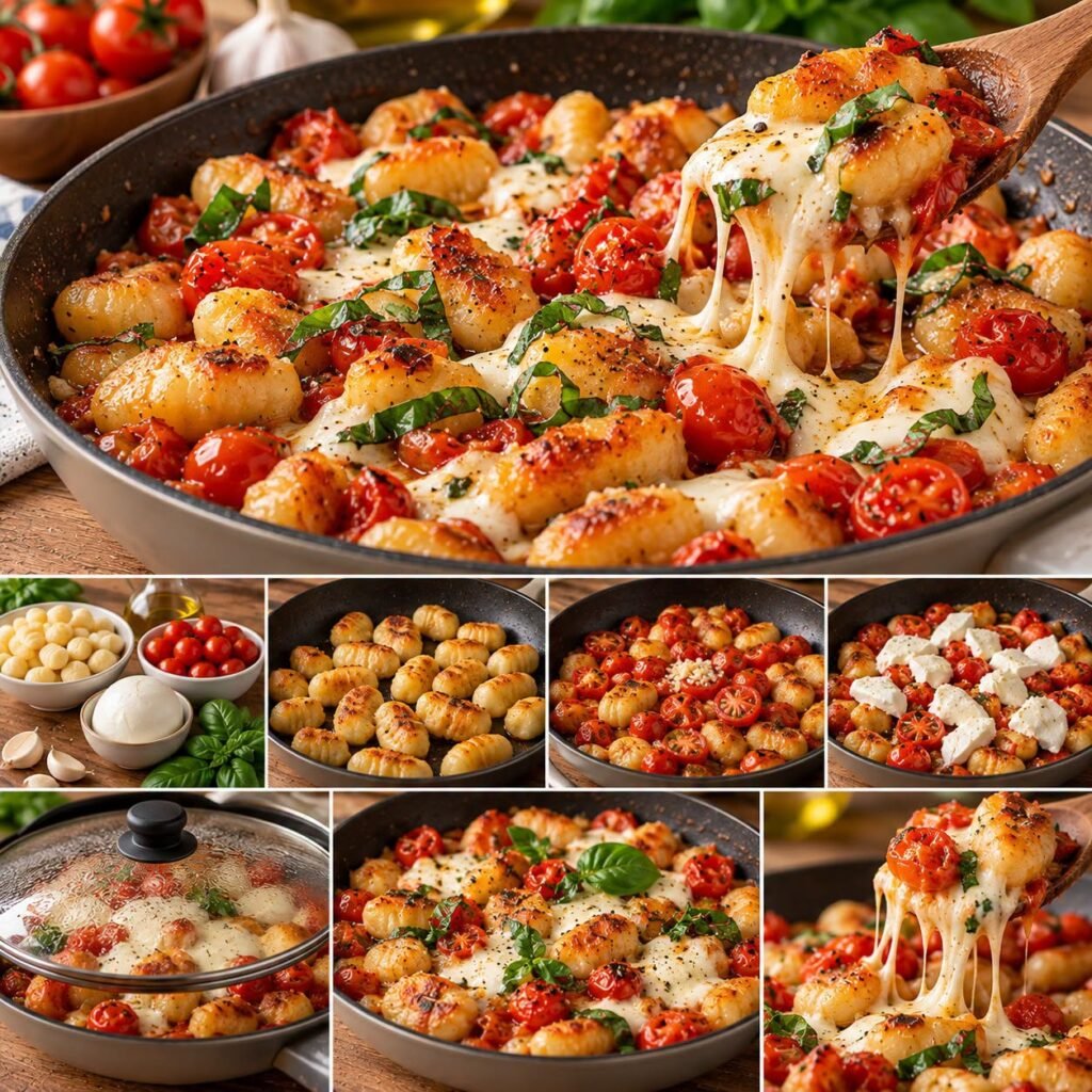 Gnocchis poêlés dorés avec tomates cerises fondantes, mozzarella filante, ail et feuilles de basilic frais.